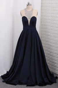 2022 Scoop A Line Satin Prom Dresses With Beading Floor Length