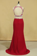 Load image into Gallery viewer, 2022 Red Two Pieces Column Scoop Prom Dresses Burgundy Chiffon &amp; Tulle With Beads And Pearls