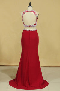 2022 Red Two Pieces Column Scoop Prom Dresses Burgundy Chiffon & Tulle With Beads And Pearls