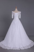 Load image into Gallery viewer, 2024 Mid-Length Sleeves Boat Neck Wedding Dresses A Line Tulle With Applique And Beads