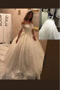 2024 Luxurious Ball Gown Wedding Dresses Long Sleeves Boat Neck Tulle With Applique