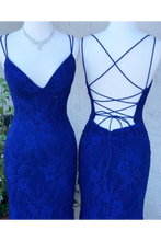 Load image into Gallery viewer, Spaghetti Crossed Straps Royal Blue Mermaid Prom Dresses V Neck Lace Formal Dresses