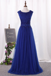 2022 A Line Scoop Tulle With Beading Prom Dresses Floor Length