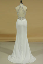 Load image into Gallery viewer, 2024 Sheath Halter Beaded Bodice Prom Dresses Spandex Sweep Train
