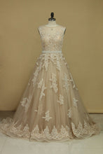 Load image into Gallery viewer, 2024 Chapel Train Wedding Dresses Bateau Tulle With Applique And Sash A Line