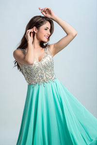 2022 V Neck Prom Dresses A Line Beaded Bodice Sweep Train Chiffon & Tulle