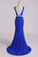 2024 Open Back Column Prom Dresses V Neck Dark Royal Blue Beaded Waistline Sweep Train