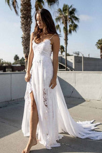 Spaghetti Straps Lace Beach Wedding Dress With Chiffon, Boho Bridal Dress With Slit
