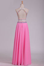 Load image into Gallery viewer, 2024 A Line Halter Open Back Two Pieces Beaded Bodice Chiffon &amp; Tulle Prom Dresses