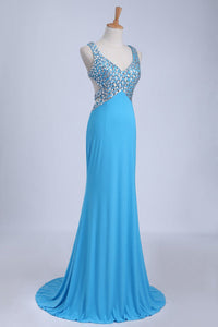 2022 Straps Prom Dresses Open Back Sheath/Column With Beading