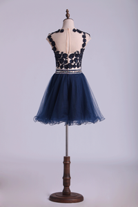 2022 Homecoming Dresses A Line Scoop Short Tulle Dark Navy