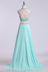 2022 Prom Dresses Two Pieces Halter A Line Chiffon Beaded Bodice