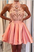 Load image into Gallery viewer, 2024 A Line High-Neck Satin &amp; Lace Short/Mini Homecoming Dresses With Detachable Train