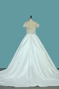 2022 A Line Scoop Wedding Dresses Satin With Handmade Flower And Sash Chapel Train