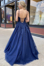 Load image into Gallery viewer, Dark Blue Tulle Applique Spaghetti Straps Long Prom Dress Evening Dress