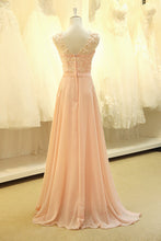 Load image into Gallery viewer, 2024 Prom Dresses A Line Scoop Chiffon With Applique And Sash Sweep Train