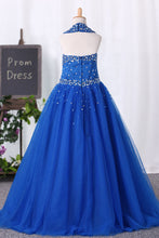 Load image into Gallery viewer, 2022 Halter Ball Gown Flower Girl Dresses Dark Royal Blue With Beading