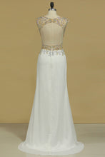 Load image into Gallery viewer, 2024 Sexy Open Back Bateau Chiffon With Slit And Beading Prom Dresses Floor Length