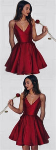 Hot Sale Red Satin Beatrice Homecoming Dresses Spaghetti Straps V-Neck A-Line , Cheap CD10