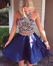 Load image into Gallery viewer, Two Piece Short Navy Blue Dresses , Beaded Short Homecoming Dresses Nicole Dancing Dresses CD1082