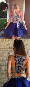 Two Piece Short Navy Blue Dresses , Beaded Short Homecoming Dresses Nicole Dancing Dresses CD1082