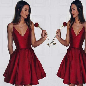 Hot Sale Red Satin Beatrice Homecoming Dresses Spaghetti Straps V-Neck A-Line , Cheap CD10