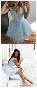 Cute V-Neck Homecoming Dresses Celia Light Blue Tulle A-Line Tulle Party Dress CD1114
