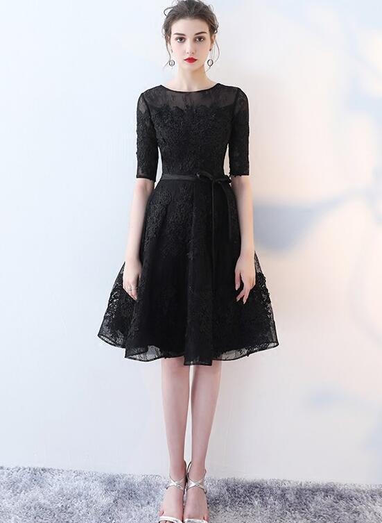 Averi Homecoming Dresses Lace Cute Black Short Sleeves Party Dress Black CD11776