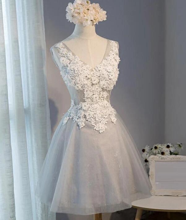 Light Grey Knee Length Tulle Homecoming Dresses Tatum Lace And Party Dress Grey CD11893