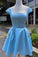 Short A-Line Light Sky Olympia Homecoming Dresses Satin Blue With Cap Sleeves CD12341