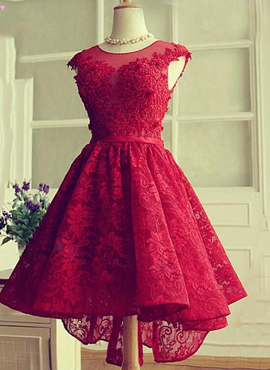 Kailey Lace Homecoming Dresses Fashionable Wine Red High Low Party Dress CD12803