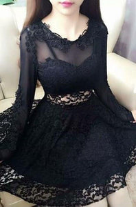 Sexy Black Jewel Neck Homecoming Dresses Lace Jeanie Long Sleeves A-Line Short CD1282