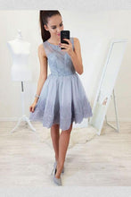 Load image into Gallery viewer, A-Line Round Neck Homecoming Dresses Celia Opne Back Above-Knee Blue With Appliques CD1304