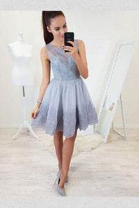 A-Line Round Neck Homecoming Dresses Celia Opne Back Above-Knee Blue With Appliques CD1304