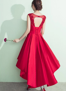 Lovely High Low Round Jordyn Satin Homecoming Dresses Neckline Party Dress Red CD13074