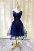 Load image into Gallery viewer, Navy Blue V-Neckline Homecoming Dresses Aubrey Lace Tulle Short Applique Short Party Dress CD13782