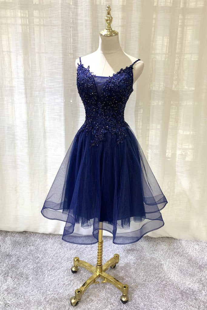 Navy Blue V-Neckline Homecoming Dresses Aubrey Lace Tulle Short Applique Short Party Dress CD13782