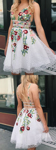 Princess V Neck Short White And Floral Embroidery Dancing Dress Anabella Homecoming Dresses Cute CD143