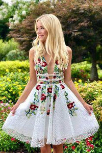 Princess V Neck Short White And Floral Embroidery Dancing Dress Anabella Homecoming Dresses Cute CD143