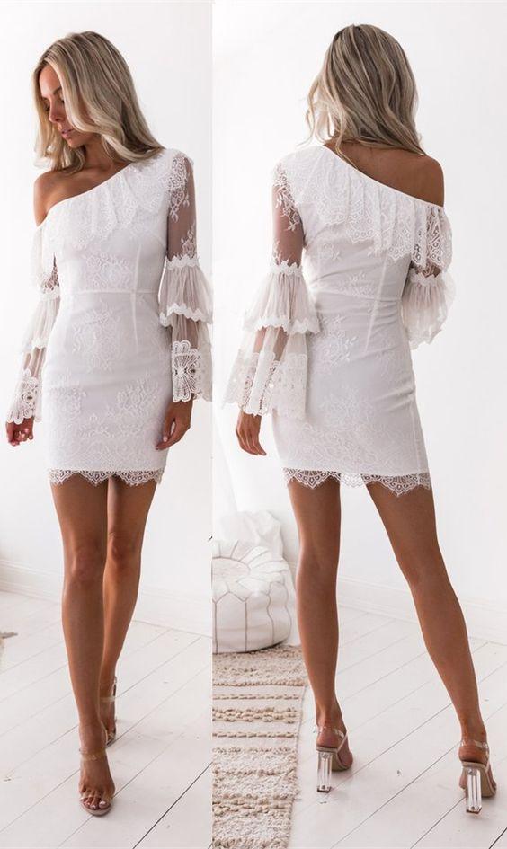 Sheath One Shoulder Homecoming Dresses Jaliyah Lace Long Sleeves White With Ruffles CD1452