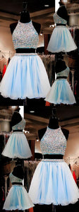 Two Piece A-Line Halter Organza Beaded Homecoming Dresses Luz Short Light Blue CD146
