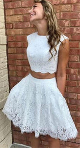 Two Piece Crew Above-Knee Kirsten Homecoming Dresses Lace White With Pockets CD1464