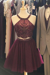 Halter Two Piece Burgundy , Beaded Party Cecelia Homecoming Dresses Dresses CD1484