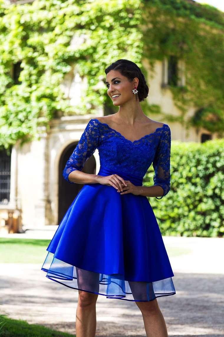 2024 V Neck 3/4 Length Sleeves With Hailee A Line Satin Homecoming Dresses Applique Tulle & CD1502