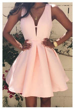 Load image into Gallery viewer, Deep V-Neck Short Dress Simple Party Dresses Cheyenne Homecoming Dresses Satin Pink CD182
