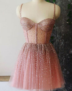 A-Line Spaghetti Straps Short Homecoming Dresses Joanna Pink Dresses Dusty Beaded CD1880