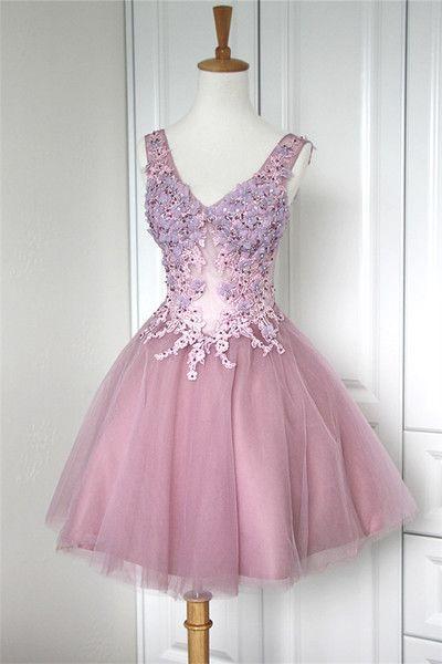 , V Neck , Lace Pink Homecoming Dresses Alena Gowns CD1986