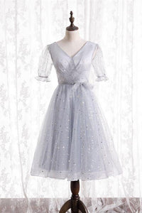 Silver A-Line Short Party Dress Birthday Dress With Short Jeanie Homecoming Dresses Sleeves CD20247