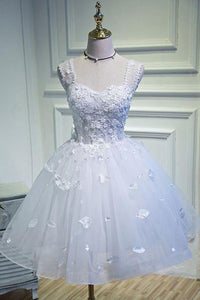 Simple Homecoming Dresses Aleah Lace Sweetheart White Up Beads Appliques Tulle Straps CD21485