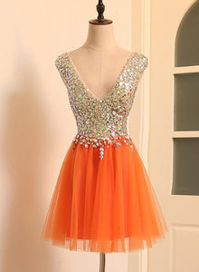 A-Line V-Neckline Short Tulle Beaded Orange Tulle Short Party Shelby Homecoming Dresses Dress CD22785